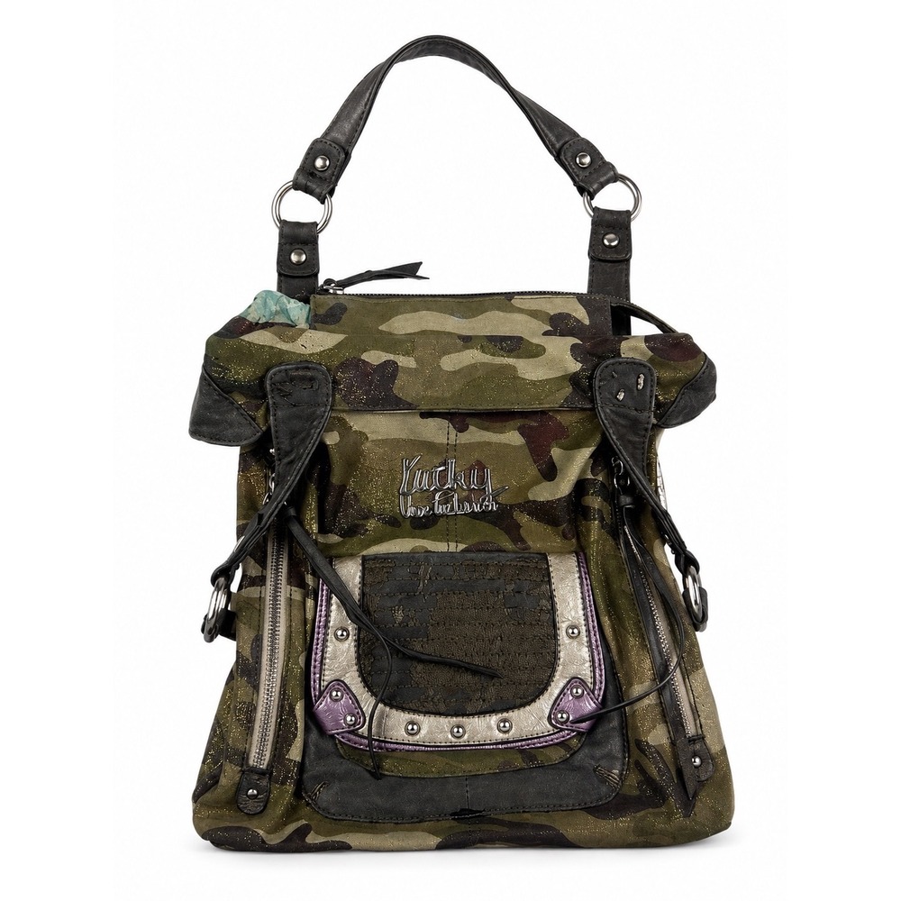 Kathy Van Zeeland Vintage Y2K Camo Army Green Grunge Studded Shoulder Bag Purse